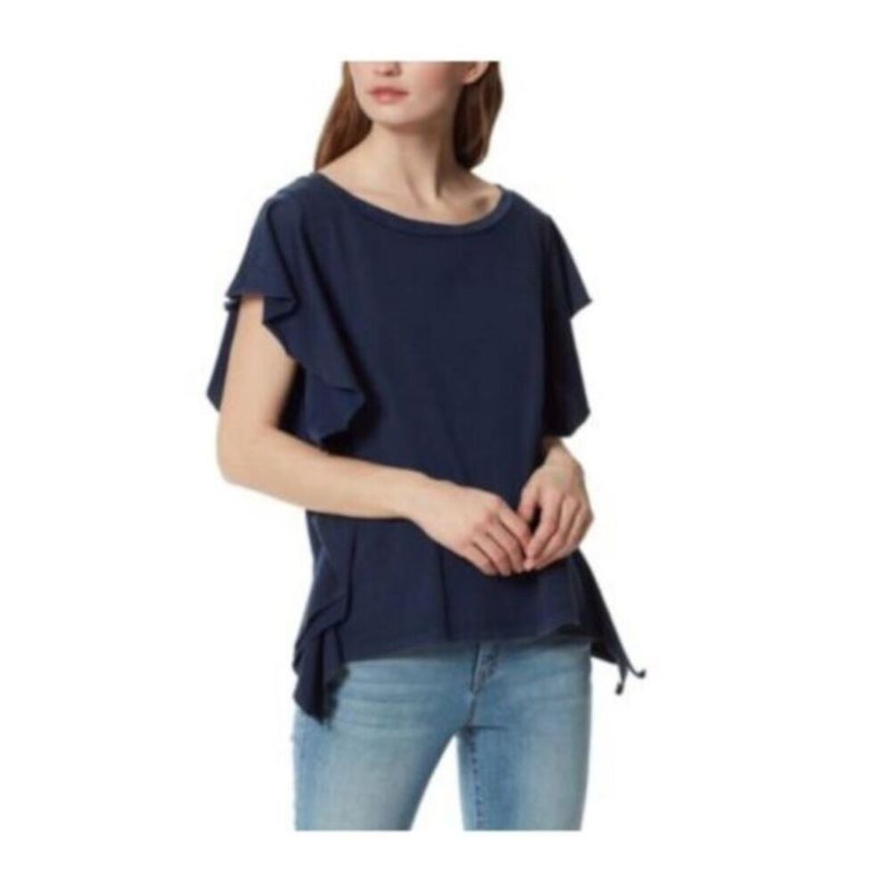 FRAYED JEANS Womens Navy Flutter Sleeve Round Neck Top S
